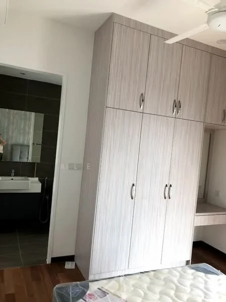 Bedroom features: built-in wardrobe with light wood finish, ceiling fan, wooden flooring, neutral wall color, wall-mounted mirror, en-suite bathroom visible, dark tiled accent wall in bathroom, light-colored countertop in bathroom; style: modern.