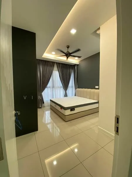 Bedroom features: king-size bed, upholstered headboard, floor-to-ceiling windows, sheer curtains, 5-blade ceiling fan with light, recessed downlights, grey accent wall, white painted walls, glossy tile flooring; style: modern.