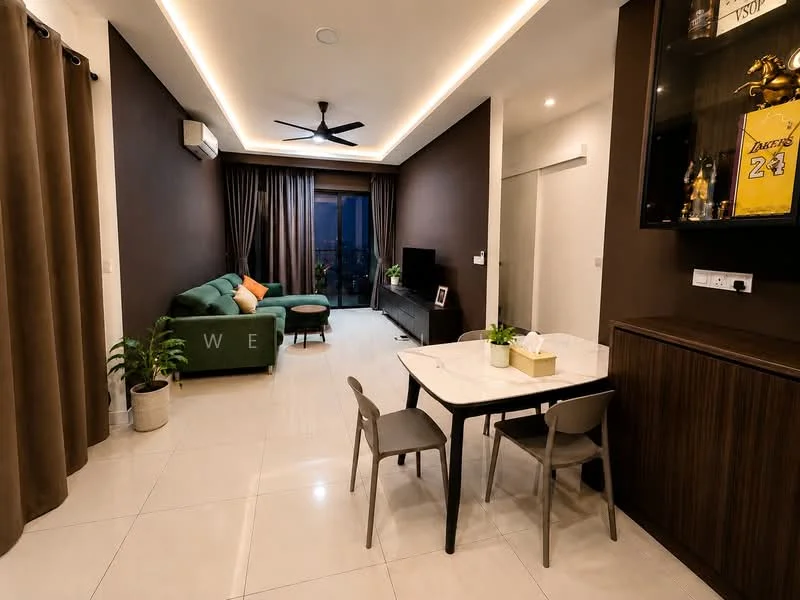 Living features: green fabric sofa, 3-seater sofa, white marble flooring, dark brown accent wall, light brown curtains, ceiling fan with light, wall-mounted TV, TV console, dining table with white top, 4 dining chairs, indoor plants, sliding glass door, floor-to-ceiling windows; style: modern; view: city.