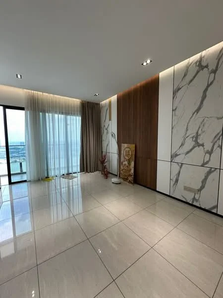 Room features: large floor-to-ceiling windows, white sheer curtains, grey curtains, marble accent wall, wood paneling, polished porcelain tile flooring, recessed downlights, decorative wall art; style: modern; view: city.
