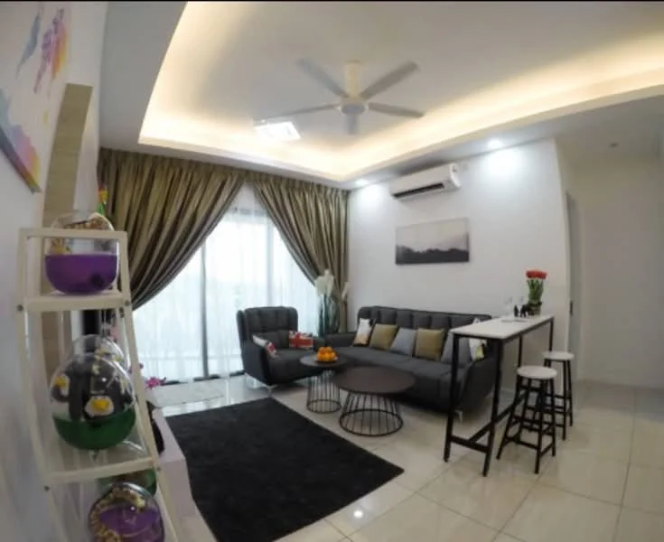 Living features: 3-seater fabric sofa in grey, 2-seater fabric sofa in black, coffee table, area rug in black, floor-to-ceiling windows, sheer curtains, ceiling fan with light, recessed downlights, wall-mounted air conditioning unit, decorative wall art, decorative plants, bar counter with stools, vase with flowers; style: modern; view: city.