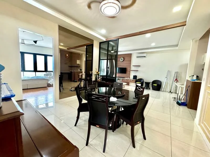 Dining features: round dining table with black glass top, 6 black dining chairs, white walls, recessed ceiling lights, ceiling fan with light, tile flooring, decorative wall paneling, open layout to living area; style: modern. Living features: sofa in light color, wall-mounted TV, wooden TV console, light wood flooring, large windows, air conditioning unit, decorative wall with TV, open layout to dining area; style: modern.
