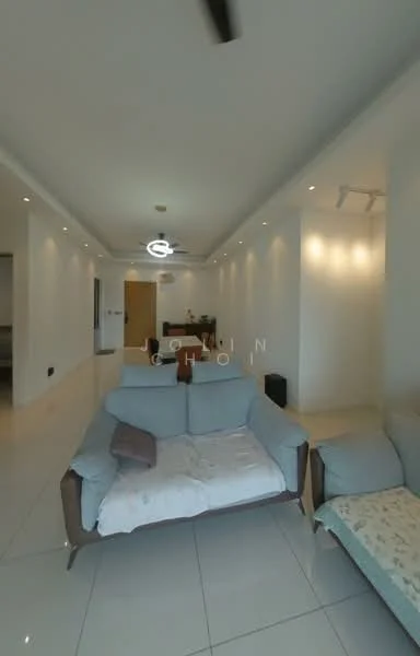 Living features: white painted walls, glossy white tile flooring, recessed downlights, 5-blade ceiling fan, sofa in light blue fabric, coffee table, decorative wall lighting, open layout, neutral color palette; style: modern.
