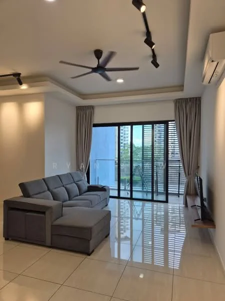 Living features: L-shape sectional sofa in grey, wall-mounted TV, ceiling fan with integrated light, sliding glass door, floor-to-ceiling windows, curtains, recessed downlights, polished tile flooring, wall-mounted shelf, view of balcony; style: modern; view: garden.
