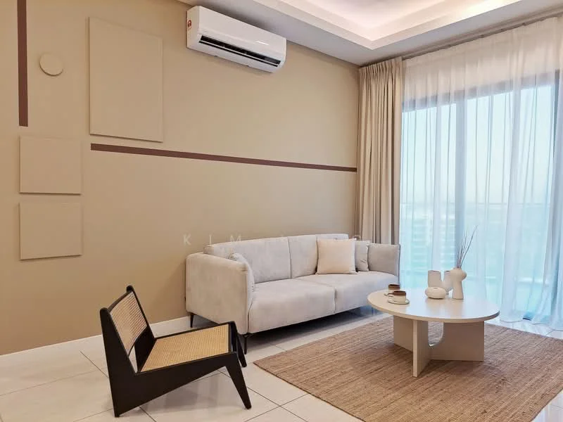 Living features: light beige painted walls, white ceiling with recessed lighting, 5-blade ceiling fan, floor-to-ceiling windows with sheer curtains, light grey fabric sofa, round coffee table, woven area rug, accent chair with wooden frame and woven seat, air conditioning unit on wall; style: modern; view: city.