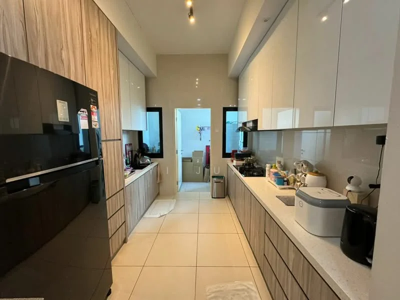 Kitchen features: white high-gloss cabinetry, wood grain lower cabinets, stainless-steel refrigerator, built-in oven, ceramic cooktop, white quartz countertop, double-bowl stainless-steel sink, chrome pull-down faucet, tile flooring, recessed downlights, window with sheer curtains, microwave, kettle, toaster; style: modern.