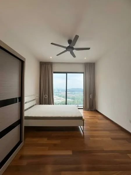Bedroom features: wooden flooring, white painted walls, 5-blade ceiling fan, floor-to-ceiling windows, sheer curtains, queen-size bed, built-in wardrobe with sliding doors, mountain view; style: modern; view: mountain.