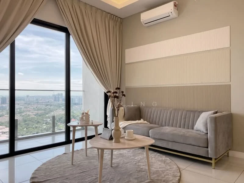 Living features: grey fabric sofa, round coffee table, area rug, floor-to-ceiling windows, sheer curtains, wall-mounted split AC, decorative vase with dried flowers, accent wall with paneling, light-colored walls, recessed ceiling lights; style: modern; view: city.