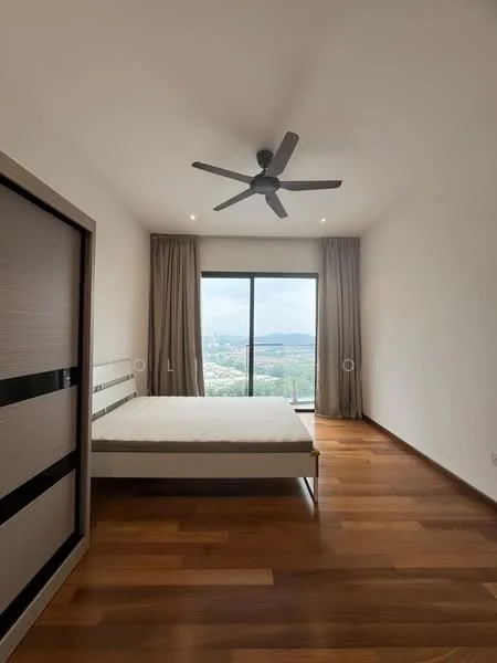 Bedroom features: wooden flooring, white painted walls, 5-blade ceiling fan, floor-to-ceiling windows, sheer curtains, queen-size bed, decorative wall panel, mountain view; style: modern; view: mountain.