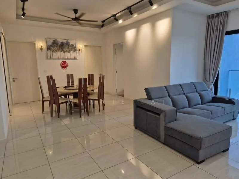 Living features: grey fabric sectional sofa, round dining table, 6 wooden dining chairs, white painted walls, polished ceramic tile flooring, recessed LED downlights, 5-blade ceiling fan, floor-to-ceiling windows with sheer curtains, decorative wall artwork, open layout to dining area; style: modern.