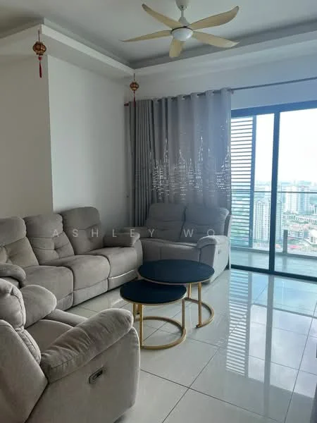 Living features: 3-seater fabric sofa in light grey, 2-seater reclining sofa in light grey, round coffee table with black top and gold legs, floor-to-ceiling windows, sheer curtains, ceiling fan with 5 blades, glossy tile flooring, decorative wall with light color, city view from window; style: modern; view: city.