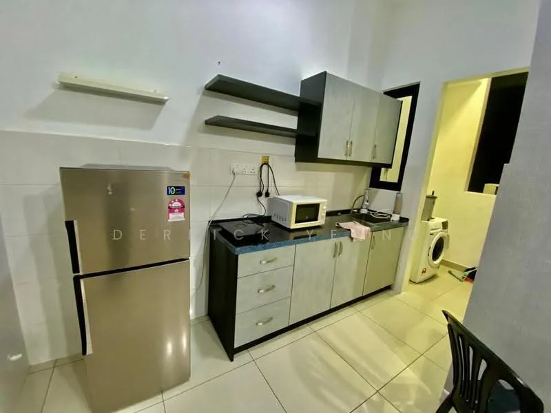 Kitchen features: stainless-steel fridge, built-in microwave, grey and white cabinetry, black countertop, open shelving, white tiled walls, ceramic tile flooring, single-bowl stainless-steel sink, chrome pull-down faucet, washing machine visible in background; style: modern.