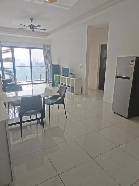 Living features: floor-to-ceiling windows, sliding glass door, 5-blade ceiling fan with light, white painted walls, glossy tile flooring, sofa in grey, dining table with 4 chairs, TV console, built-in shelving unit, curtains, recessed downlights; style: modern; view: city. Kitchen features: stainless-steel fridge, white cabinetry, countertop, open layout; style: modern.