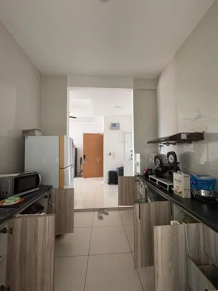 Kitchen features: white painted walls, black countertop, light-colored wood cabinetry, stainless-steel fridge, microwave, built-in oven, kitchen sink, tile flooring, open shelving, wall-mounted clock; style: modern. Room features: tile flooring, white walls, doorway leading to another room.