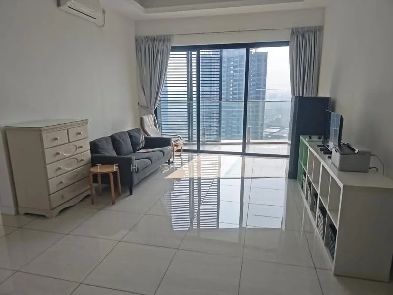 Living features: grey fabric sofa, coffee table, TV console, wall-mounted TV, floor-to-ceiling windows, curtains, air conditioning unit, glossy tile flooring, white painted walls, light ceiling with recessed lighting, decorative shelving unit, dresser with drawers; style: modern; view: city.