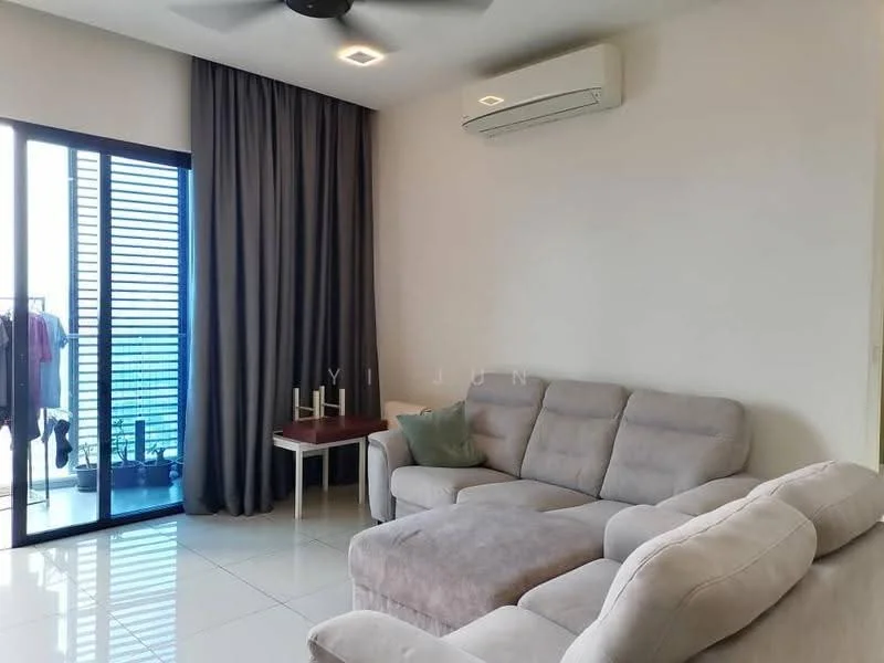 Living features: 3-seater fabric sofa in light grey, coffee table, floor-to-ceiling windows, sliding glass door, sheer curtains, wall-mounted split AC, recessed downlights, white painted walls, glossy tile flooring, decorative cushion; style: modern; view: city.