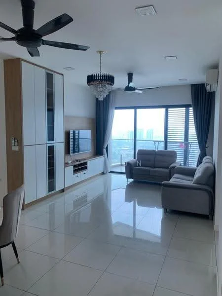 Living features: 3-seater fabric sofa in grey, 2-seater fabric sofa in light grey, coffee table, TV console, wall-mounted TV, chandelier, 5-blade ceiling fan with light, floor-to-ceiling windows, white painted walls, glossy tile flooring, curtains, decorative wall panel; style: modern; view: city.