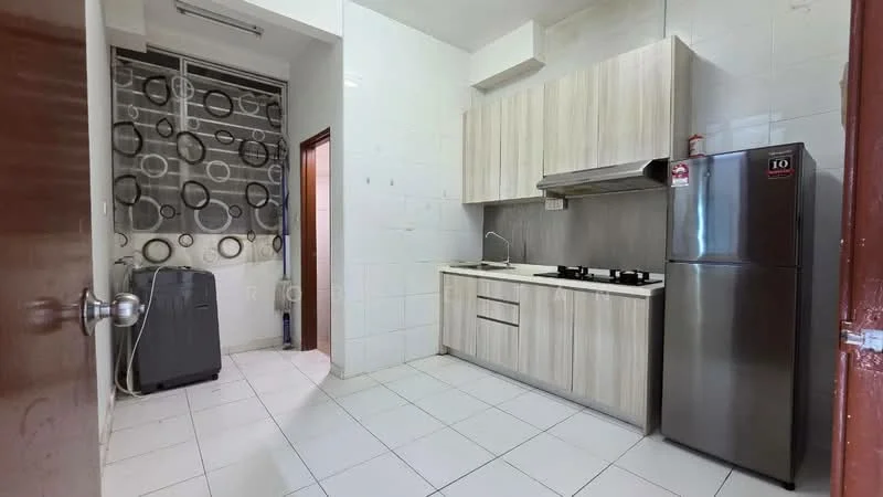 Kitchen features: light wood cabinetry, white tiled walls, white tiled flooring, stainless-steel sink, chrome pull-down faucet, 4-burner gas hob, built-in oven, stainless-steel fridge, washing machine, countertop with space for appliances, open shelving, window with sheer curtains; style: modern.