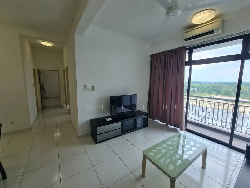 Living features: white painted walls, glossy tile flooring, 5-blade ceiling fan with light, wall-mounted TV, black TV console, glass coffee table with decorative pattern, floor-to-ceiling windows, curtains, air conditioning unit; style: modern; view: garden.