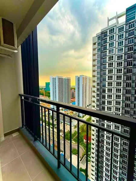 Room features: balcony with railing, grey tiled flooring, city skyline view, high-rise building view, exterior wall with black panels, air conditioning unit visible; style: modern; view: city.