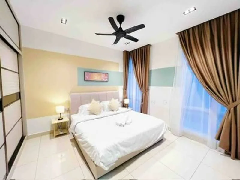 Bedroom features: king-size bed with upholstered headboard, white bedding, 2 bedside lamps, ceiling fan with 5 blades, floor-to-ceiling windows, sheer curtains, dark brown curtains, cream painted walls, tile flooring, decorative artwork on wall; style: modern.