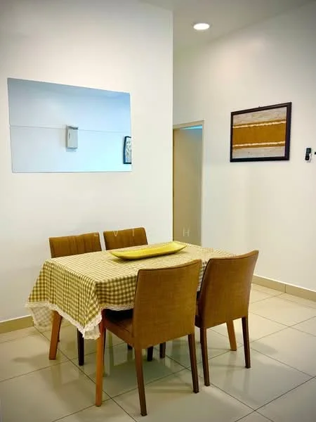 Dining features: square dining table with checkered tablecloth, 4 wooden dining chairs, white painted walls, tile flooring, framed artwork on wall, mirror on wall, recessed ceiling lights; style: modern.