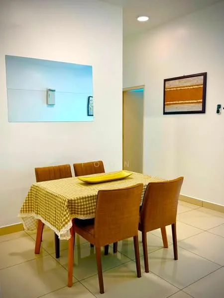 Dining features: square dining table with checkered tablecloth, 4 wooden dining chairs, white painted walls, tile flooring, framed artwork on wall, mirror on wall, recessed ceiling lights; style: modern.