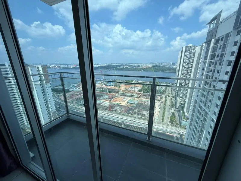 Balcony features: glass railing, sliding glass door, grey tiled flooring, city view, panoramic view of skyline, overlooking construction site, overlooking waterway, exposed concrete wall; style: modern; view: city.