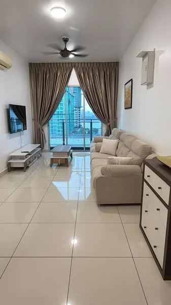 Living features: cream fabric 3-seater sofa, flat-screen wall-mounted TV, white TV console, glass coffee table, floor-to-ceiling windows, sheer curtains, dark wood sideboard with drawers, polished ceramic tile flooring, recessed ceiling lights, ceiling fan with light; style: modern; view: city.