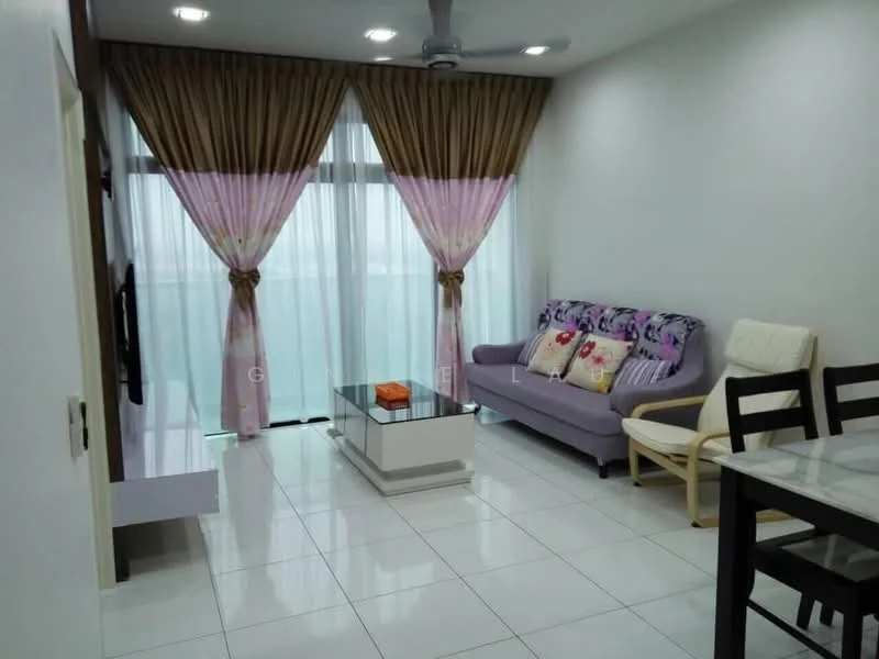 Living features: white painted walls, glossy tile flooring, 5-blade ceiling fan with light, floor-to-ceiling windows, sheer curtains, purple fabric sofa, decorative cushions, glass coffee table, wooden dining table with chairs, TV console; style: modern; view: city.