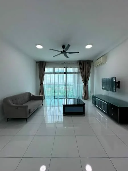 Living features: grey fabric 3-seater sofa, glass coffee table, wall-mounted TV, TV console with storage, white painted walls, glossy white tile flooring, ceiling fan with light, floor-to-ceiling windows with sheer curtains, air conditioning unit; style: modern; view: city.