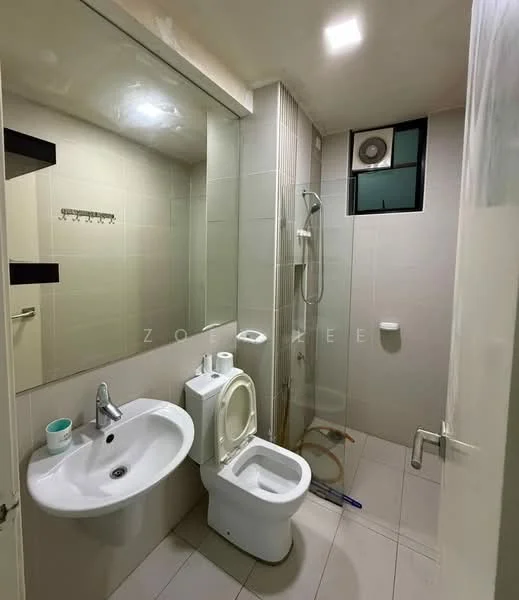 Bathroom features: white ceramic sink, chrome basin mixer faucet, wall-mounted mirror, white toilet, shower with glass enclosure, handheld shower head, tiled walls, tile flooring, ventilation window, towel rack; style: modern.