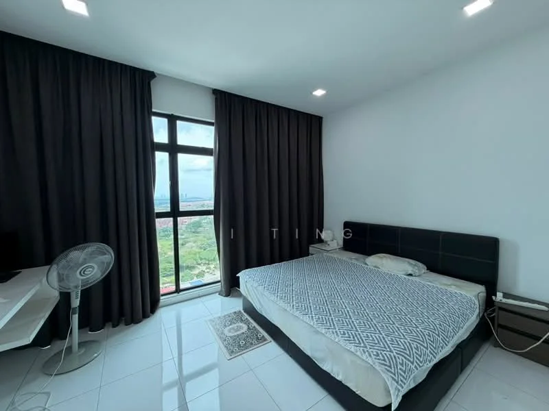 Bedroom features: king-size bed, upholstered headboard, white bedding, floor-to-ceiling windows, blackout curtains, white painted walls, ceramic tile flooring, ceiling fan, study desk, wall-mounted TV, decorative area rug; style: modern; view: city.