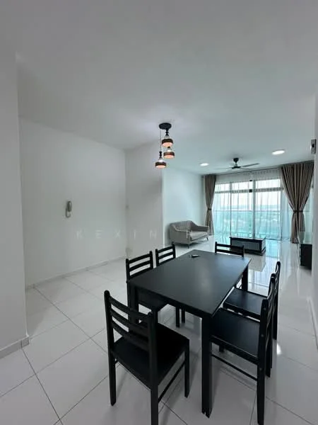 Dining features: black dining table, 6 black dining chairs, white painted walls, white tiled flooring, ceiling fan with light, pendant lighting, floor-to-ceiling windows, curtains, sofa in background; style: modern; view: city.