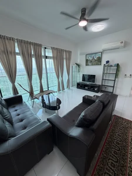 Living features: black leather sofa, 2-seater sofa, 3-seater sofa, glass coffee table, wall-mounted TV, black metal shelving unit, ceiling fan, white walls, large floor-to-ceiling windows, sheer curtains, area rug with geometric pattern, decorative wall art; style: modern; view: city.