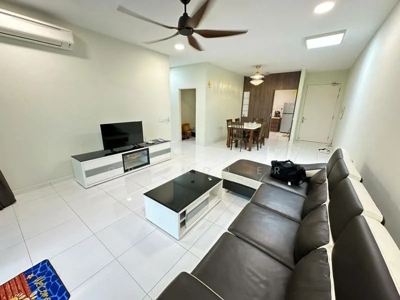 Living features: 3-seater sectional sofa in dark brown, coffee table with black top, white TV console, wall-mounted flat-screen TV, ceiling fan with light, white tiled flooring, air conditioning unit on wall, decorative wall light, dining area visible in background; style: modern.