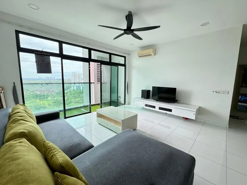 Living features: grey fabric sectional sofa, white coffee table, wall-mounted TV, TV console in white, floor-to-ceiling windows, sliding glass door, 5-blade ceiling fan with light, white painted walls, white tile flooring, air conditioning unit; style: modern; view: city.