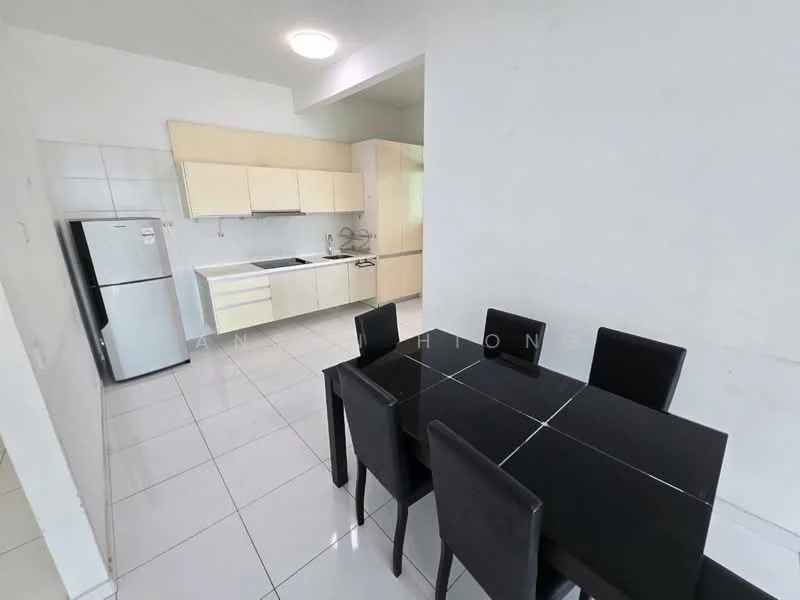 Kitchen features: white cabinetry, black countertop, stainless-steel sink, chrome pull-down faucet, built-in oven, freestanding range oven, refrigerator, ceramic tile flooring, white tiled backsplash, recessed downlights; style: modern. Dining features: black dining table, 4 black upholstered dining chairs, white walls, large window, open layout; style: modern.