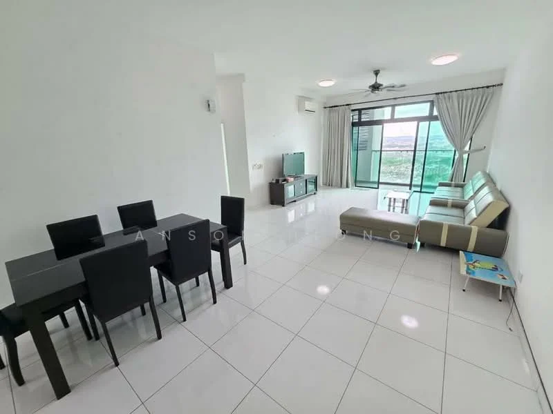 Living features: white painted walls, glossy white tile flooring, 5-blade ceiling fan with light, floor-to-ceiling windows, sliding glass door, grey fabric sectional sofa, black coffee table, TV console, wall-mounted TV, dining table with 6 black chairs, decorative wall art, curtains, area rug; style: modern; view: city.