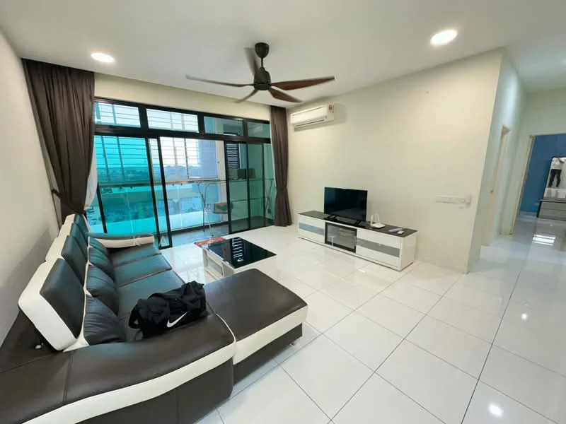 Living features: L-shape sectional sofa in black and white, glass coffee table, wall-mounted TV, TV console in white, floor-to-ceiling windows, curtains in dark brown, recessed downlights, 1 wall-mounted split AC, white tiled flooring, decorative wall with light green paint; style: modern; view: city.