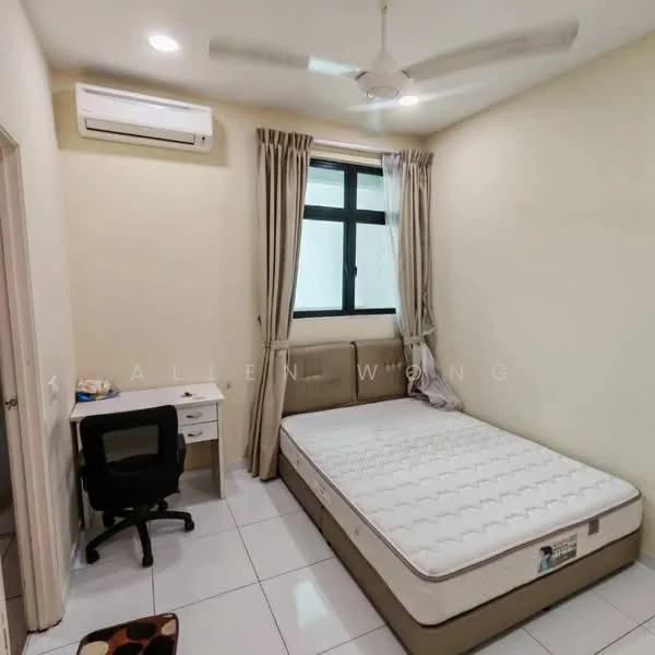 Bedroom features: white painted walls, white ceiling, 5-blade ceiling fan, floor-to-ceiling window, light-colored curtains, single bed with mattress, study desk with chair, tile flooring, air conditioning unit; style: modern.