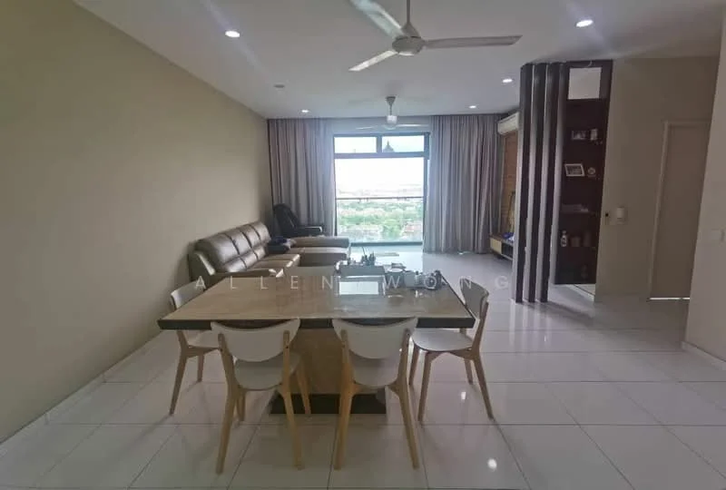 Living features: 3-seater leather sofa in dark brown, coffee table, wall-mounted TV, floor-to-ceiling windows with city view, curtains, ceiling fan with light, recessed downlights, white painted walls, glossy white tile flooring, decorative wall panel, area rug; style: modern; view: city. Dining features: 6-seater dining table, white dining chairs, wooden table, open layout, near kitchen area; style: modern.