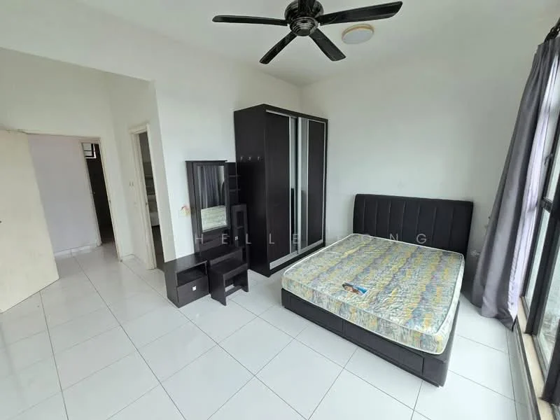 Bedroom features: queen-size bed, upholstered headboard, 2 bedside tables, built-in wardrobe with sliding doors, ceiling fan, white painted walls, white tiled flooring, floor-to-ceiling window with sheer curtains; style: modern.