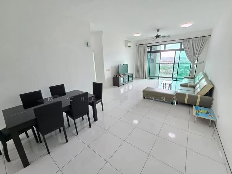 Living features: white painted walls, glossy white tile flooring, 5-blade ceiling fan with light, floor-to-ceiling windows, sliding glass door, grey sectional sofa, black dining table with 6 chairs, TV console, wall-mounted TV, area rug, decorative wall art; style: modern; view: city.
