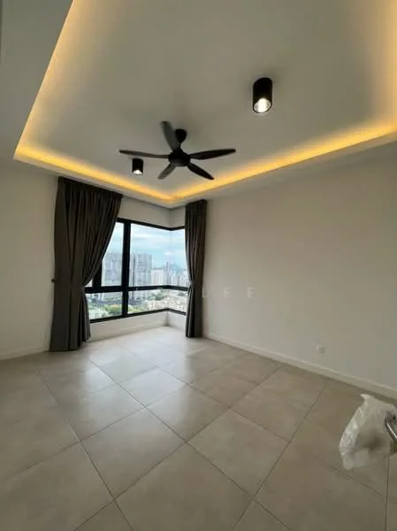 Living features: light grey tiled flooring, white painted walls, tray ceiling with recessed lighting, 5-blade ceiling fan with integrated LED light, floor-to-ceiling windows, blackout curtains, city view, decorative LED strip lighting; style: modern; view: city.