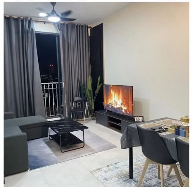 Living features: 3-seater fabric sofa in dark grey, coffee table with black metal frame, wall-mounted TV, TV console in dark wood, area rug with geometric pattern, floor-to-ceiling windows, curtains in dark grey, ceiling fan with light, decorative plant in corner, light-colored tiled flooring; style: modern; view: city.