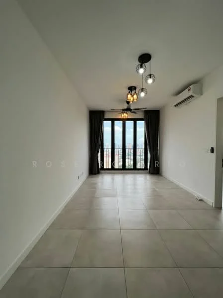 Living features: white painted walls, tile flooring, 5-blade ceiling fan with light, recessed downlights, floor-to-ceiling windows, sliding glass door, curtains, air conditioning unit; style: modern; view: city.