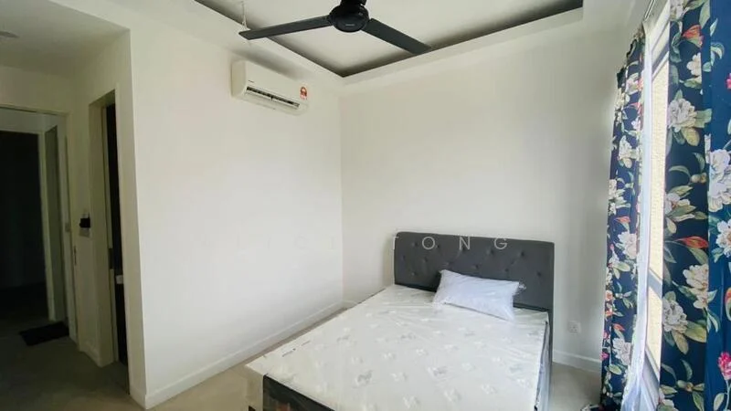 Bedroom features: grey upholstered bed frame, queen-size bed, white bedding, ceiling fan, wall-mounted split AC, white painted walls, light-colored flooring, curtains with floral pattern, window with natural light; style: modern.