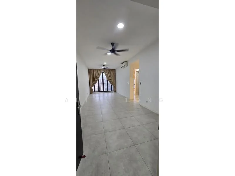Living features: grey tiled flooring, white painted walls, ceiling fan, recessed downlights, floor-to-ceiling windows, sheer curtains, sliding glass door, air conditioning unit; style: modern.