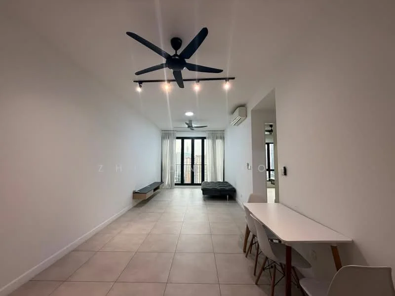 Living features: white painted walls, tile flooring, 5-blade ceiling fan with light, recessed downlights, floor-to-ceiling windows, blackout curtains, sofa, dining table with chairs, wall-mounted air conditioning unit, decorative wall shelf; style: modern; view: city.